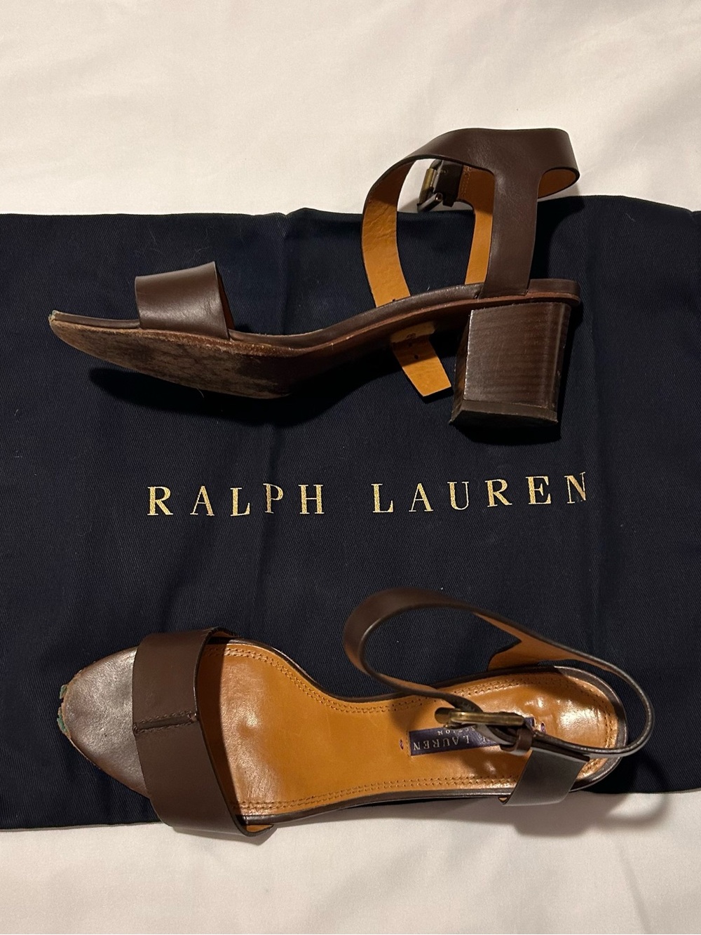 Ralph Lauren Purple Label Brown Leather Ankle-Strap Block Heel Sandals